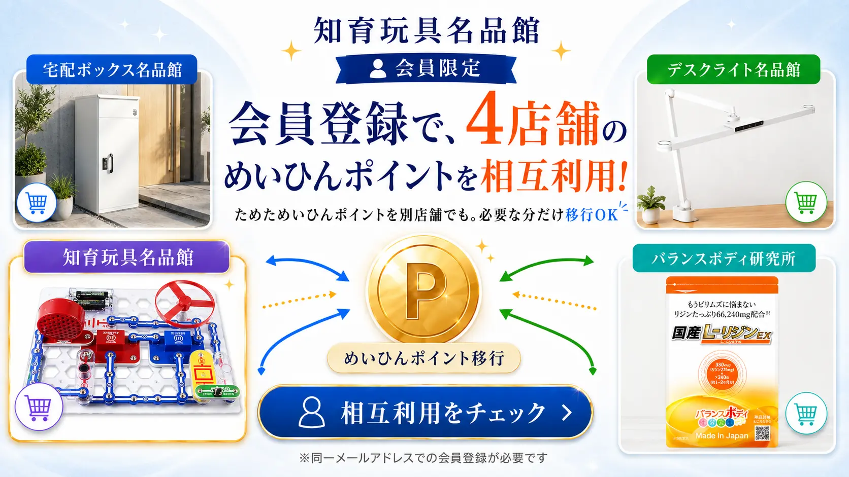 会員登録で4店舗のめいひんポイントを相互利用。ためたポイントを別店舗でも必要な分だけ移行できます。